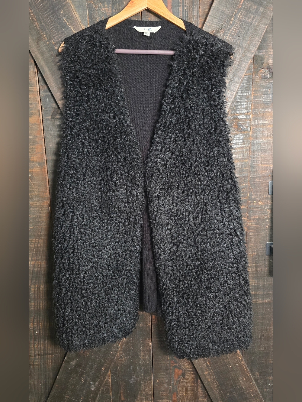 Terra & Sky Black Sherpa Open Front Knit Vest 1X